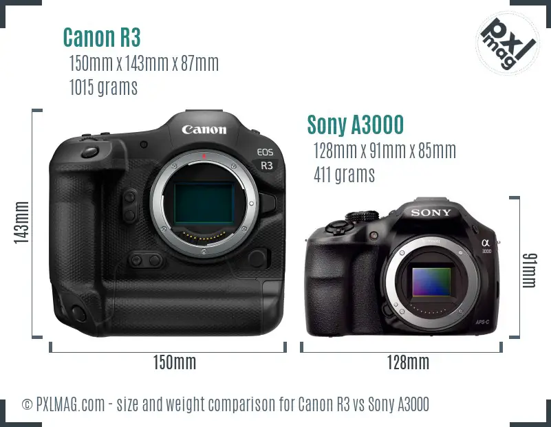 Canon R3 vs Sony A3000 size comparison
