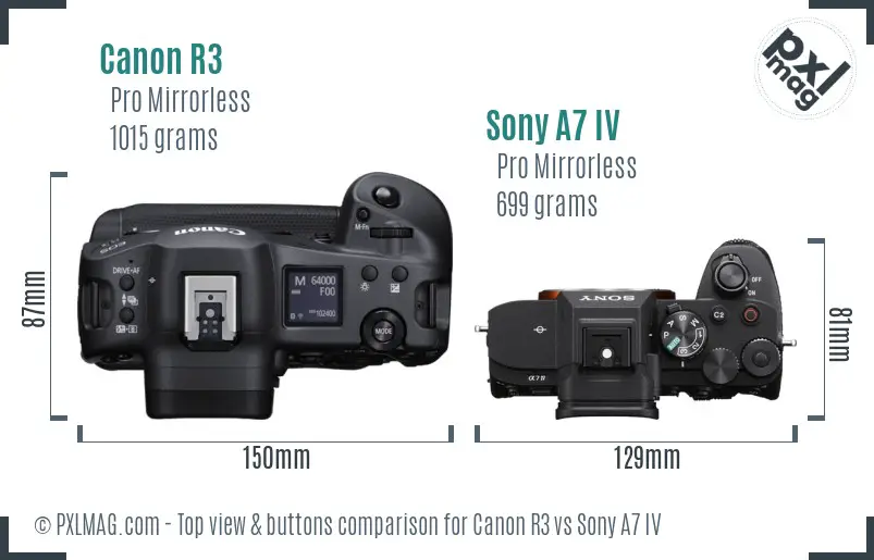 Canon R3 vs Sony A7 IV top view buttons comparison