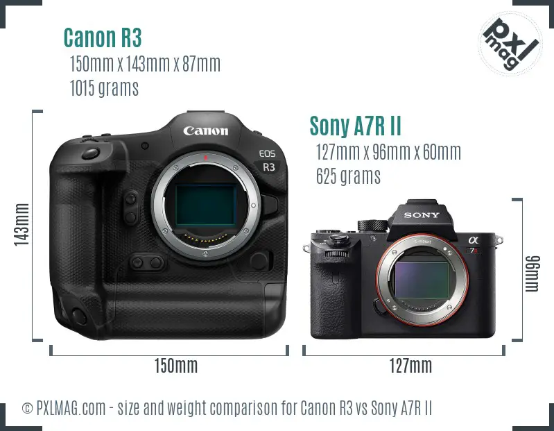 Canon R3 vs Sony A7R II size comparison