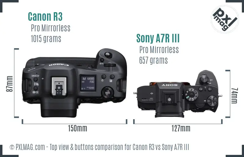 Canon R3 vs Sony A7R III top view buttons comparison