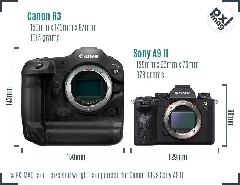 Canon R3 vs Sony A9 II size comparison