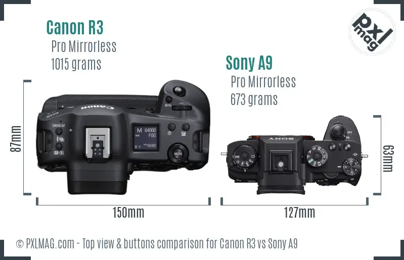 Canon R3 vs Sony A9 top view buttons comparison