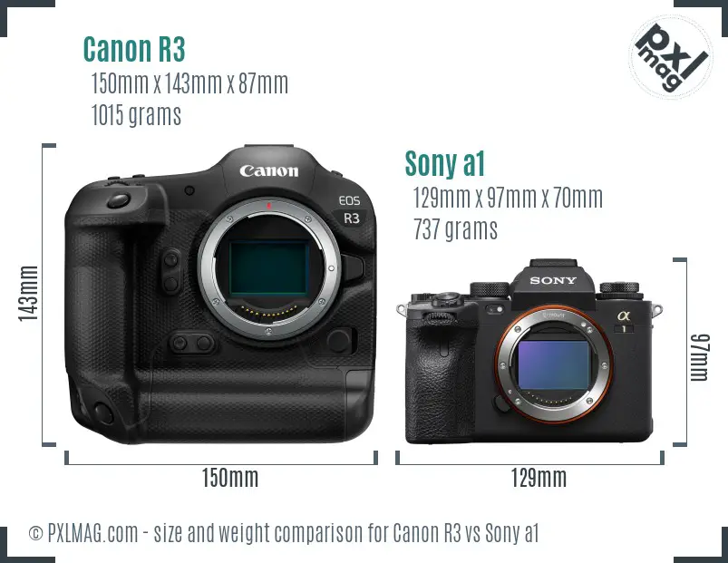Canon R3 vs Sony a1 size comparison