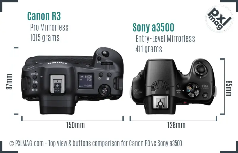 Canon R3 vs Sony a3500 top view buttons comparison Canon R3 vs Sony a3500 top view buttons comparison