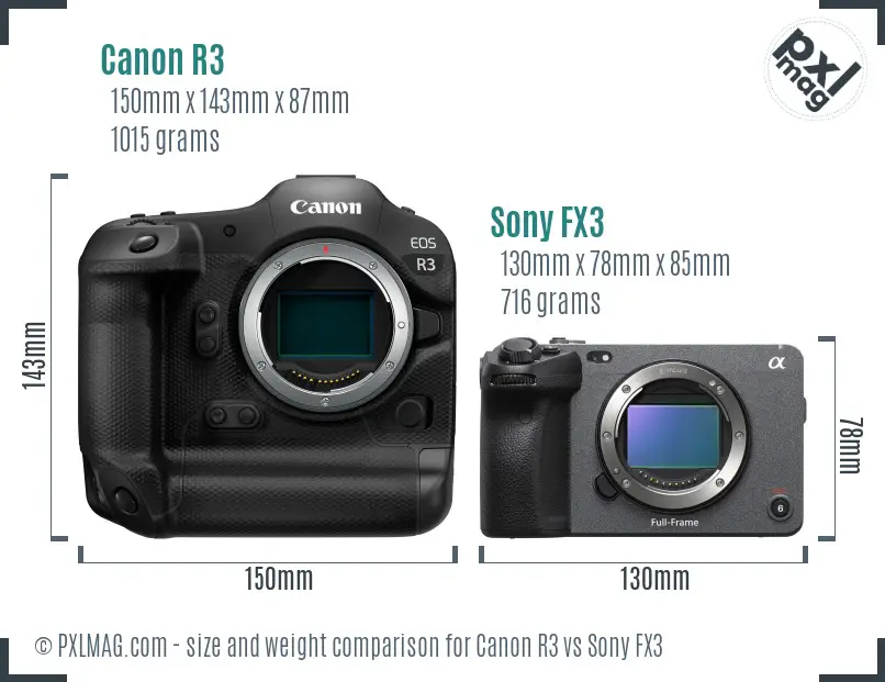 Canon R3 vs Sony FX3 size comparison