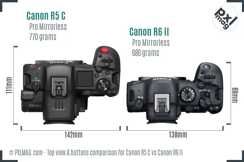 Canon R5 C vs Canon R6 II top view buttons comparison