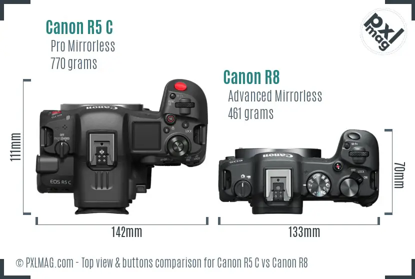 Canon R5 C vs Canon R8 top view buttons comparison