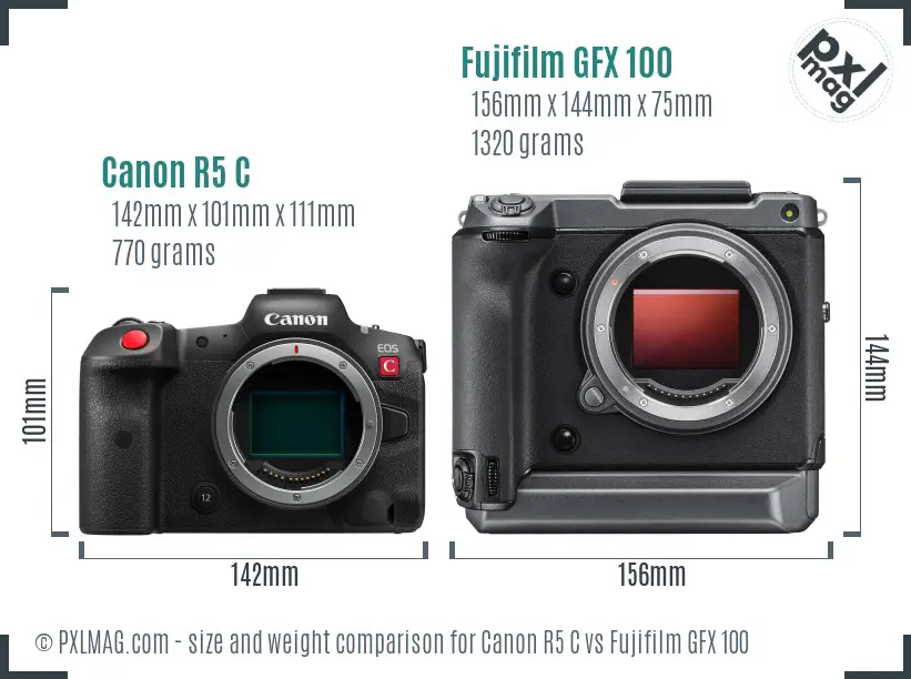 Canon R5 C vs Fujifilm GFX 100 size comparison