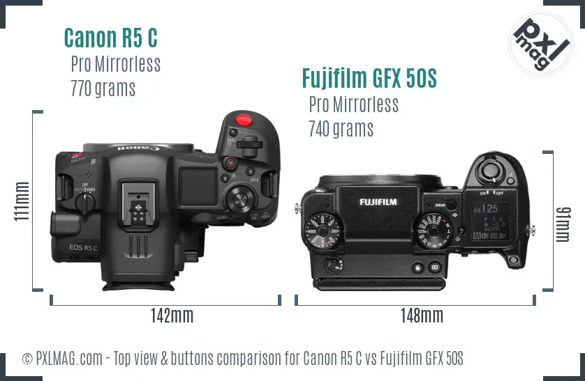 Canon R5 C vs Fujifilm GFX 50S top view buttons comparison