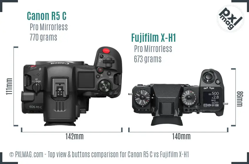 Canon R5 C vs Fujifilm X-H1 top view buttons comparison