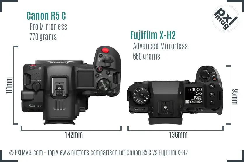 Canon R5 C vs Fujifilm X-H2 top view buttons comparison