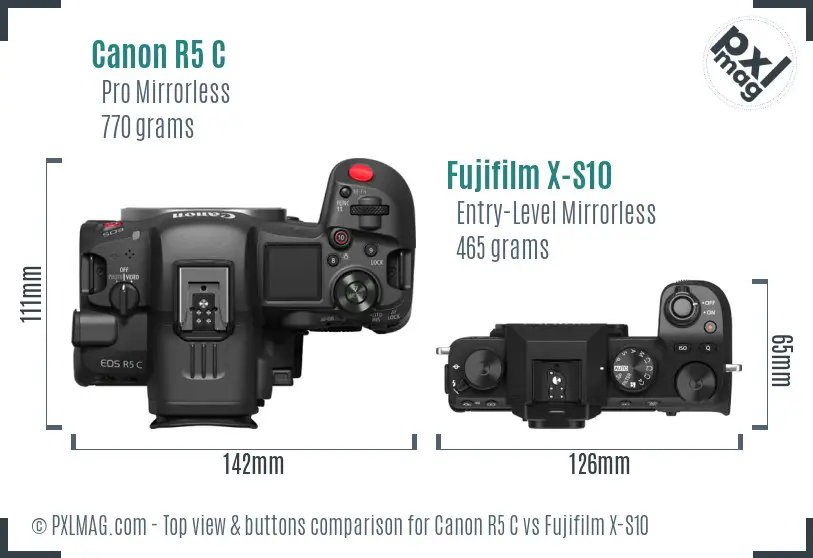 Canon R5 C vs Fujifilm X-S10 top view buttons comparison