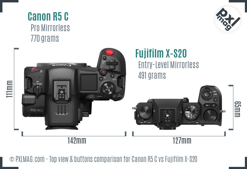 Canon R5 C vs Fujifilm X-S20 top view buttons comparison