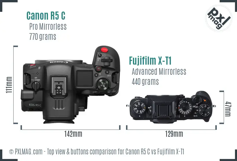 Canon R5 C vs Fujifilm X-T1 top view buttons comparison Canon R5 C vs Fujifilm X-T1 top view buttons comparison