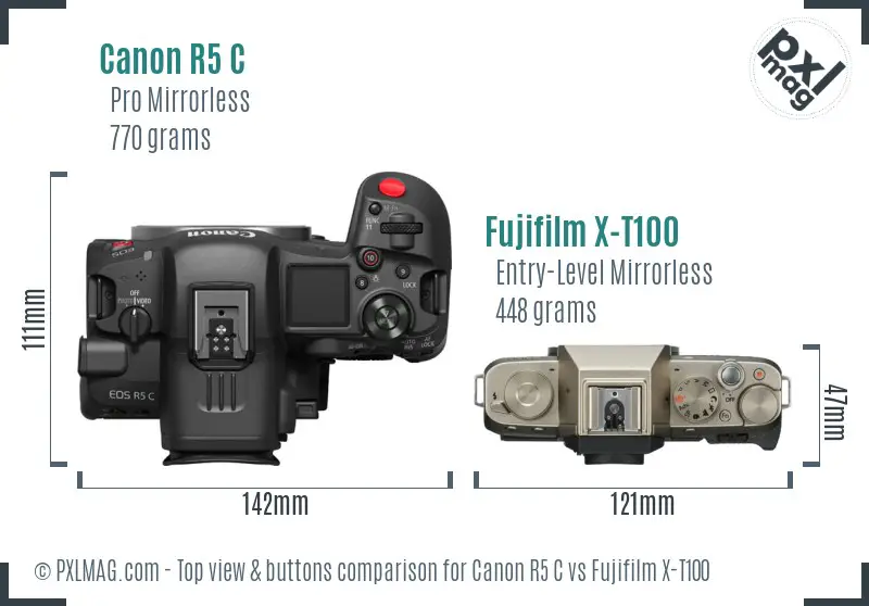 Canon R5 C vs Fujifilm X-T100 top view buttons comparison