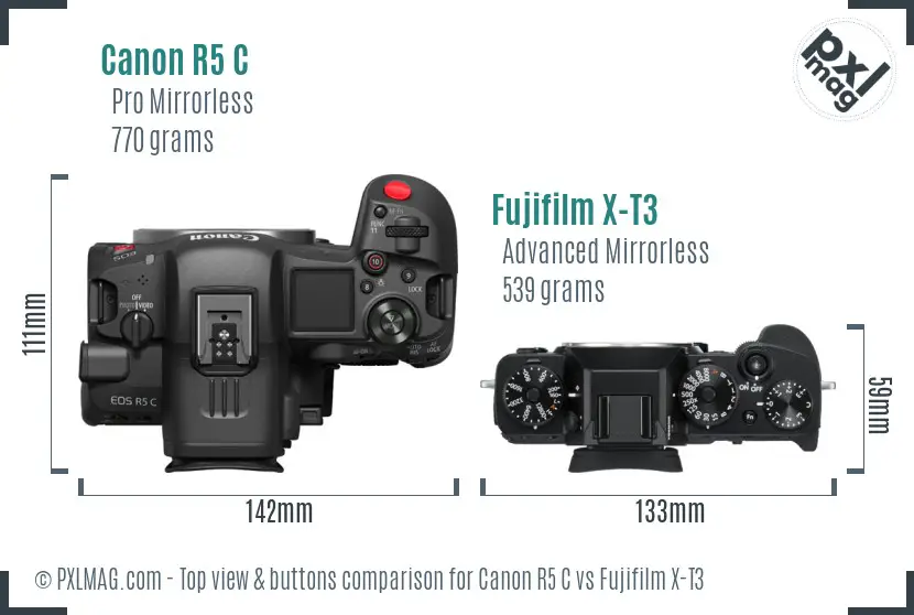 Canon R5 C vs Fujifilm X-T3 top view buttons comparison