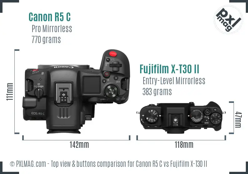 Canon R5 C vs Fujifilm X-T30 II top view buttons comparison