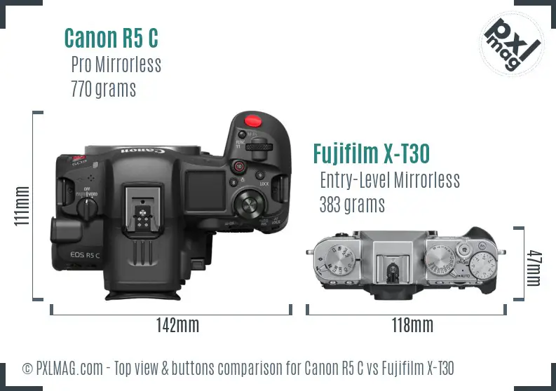 Canon R5 C vs Fujifilm X-T30 top view buttons comparison