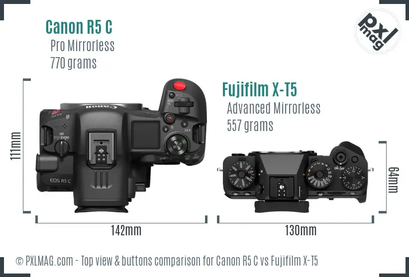 Canon R5 C vs Fujifilm X-T5 top view buttons comparison Canon R5 C vs Fujifilm X-T5 top view buttons comparison