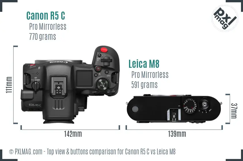 Canon R5 C vs Leica M8 top view buttons comparison