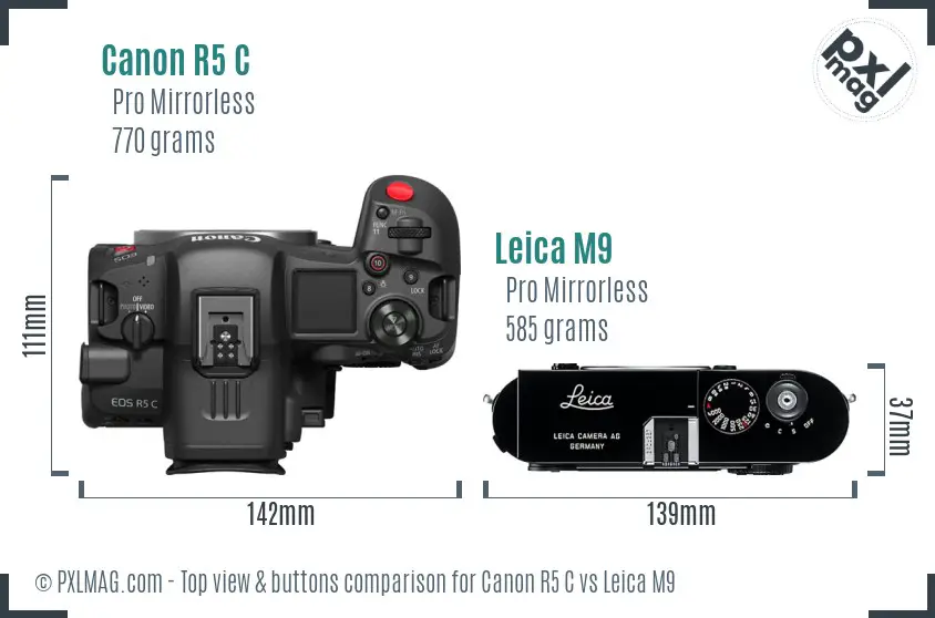 Canon R5 C vs Leica M9 top view buttons comparison