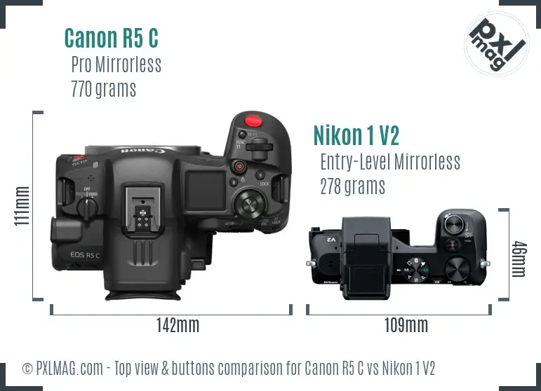 Canon R5 C vs Nikon 1 V2 top view buttons comparison