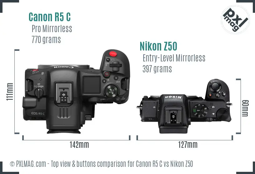 Canon R5 C vs Nikon Z50 top view buttons comparison