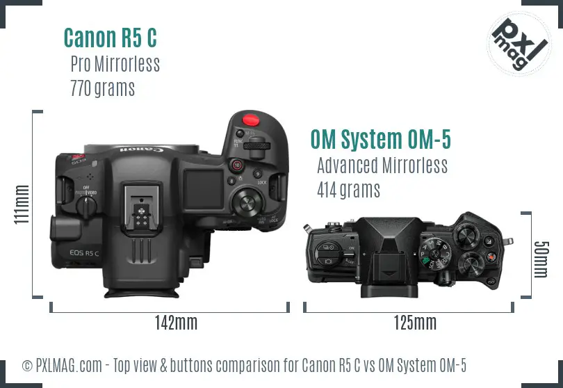 Canon R5 C vs OM System OM-5 top view buttons comparison