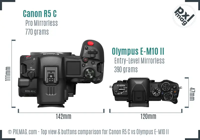 Canon R5 C vs Olympus E-M10 II top view buttons comparison