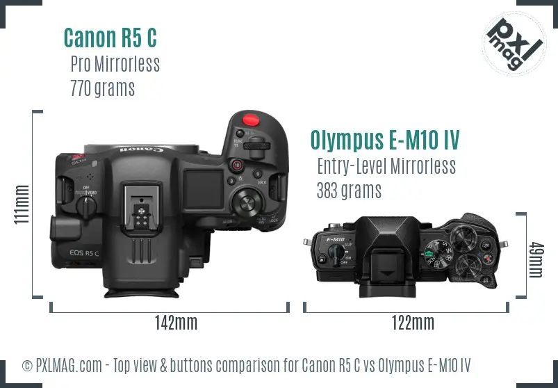 Canon R5 C vs Olympus E-M10 IV top view buttons comparison