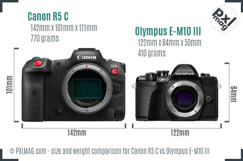 Canon R5 C vs Olympus E-M10 III size comparison