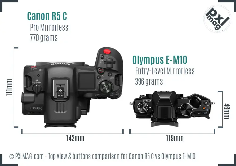 Canon R5 C vs Olympus E-M10 top view buttons comparison Canon R5 C vs Olympus E-M10 top view buttons comparison