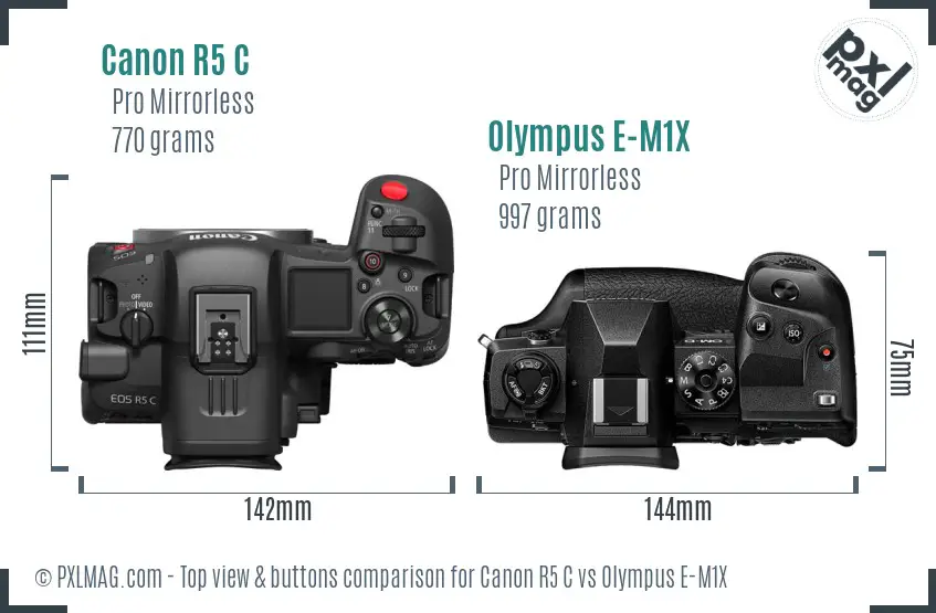 Canon R5 C vs Olympus E-M1X top view buttons comparison