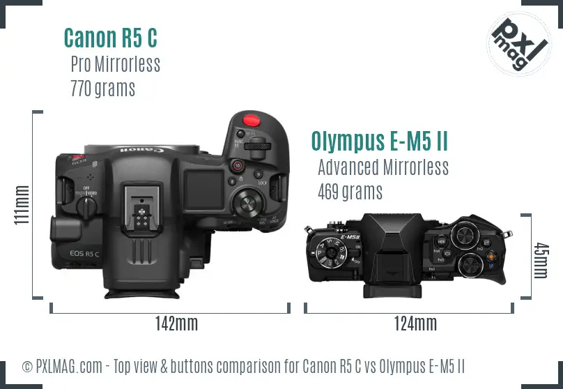 Canon R5 C vs Olympus E-M5 II top view buttons comparison