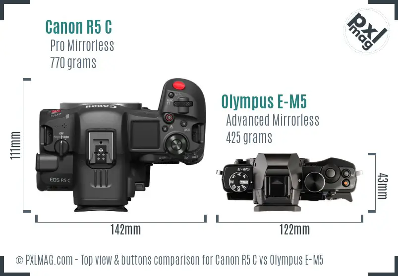 Canon R5 C vs Olympus E-M5 top view buttons comparison Canon R5 C vs Olympus E-M5 top view buttons comparison