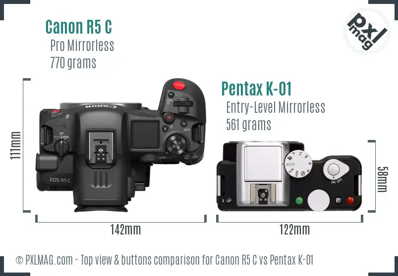 Canon R5 C vs Pentax K-01 top view buttons comparison