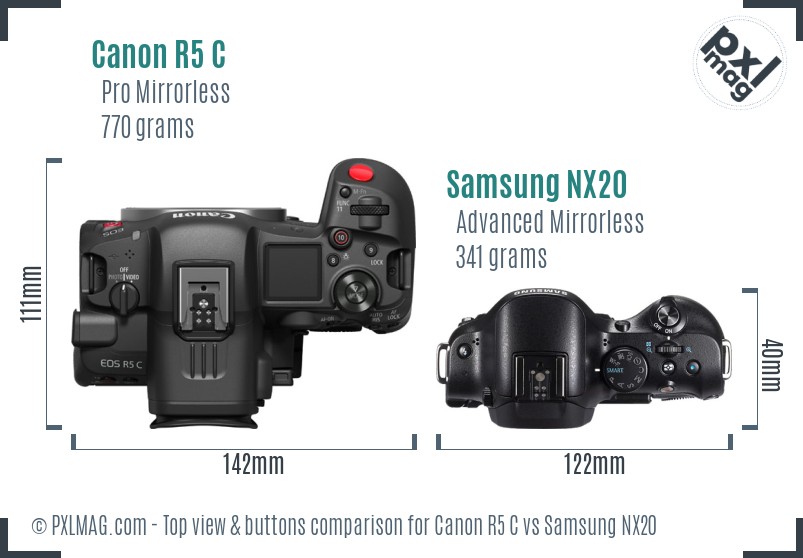 Canon R5 C vs Samsung NX20 top view buttons comparison