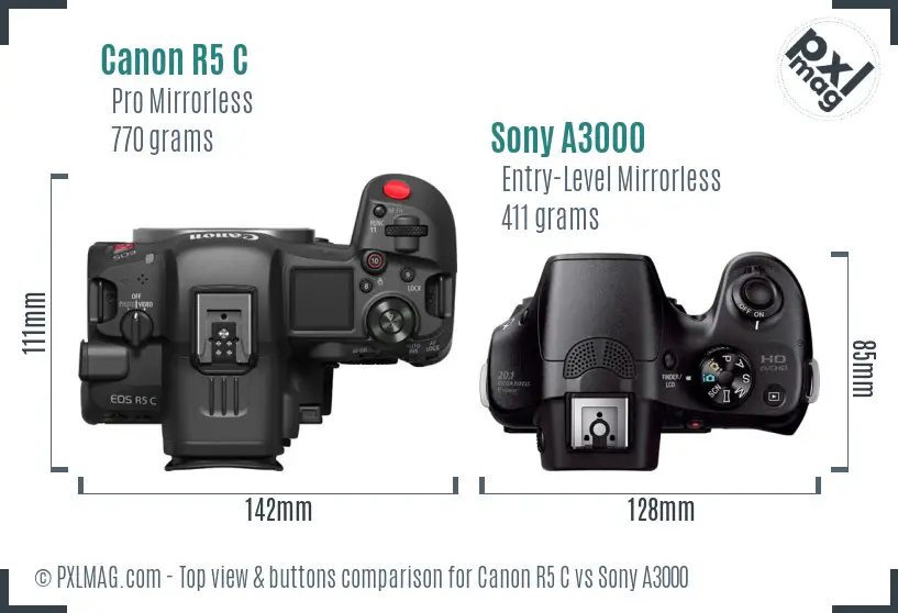 Canon R5 C vs Sony A3000 top view buttons comparison Canon R5 C vs Sony A3000 top view buttons comparison