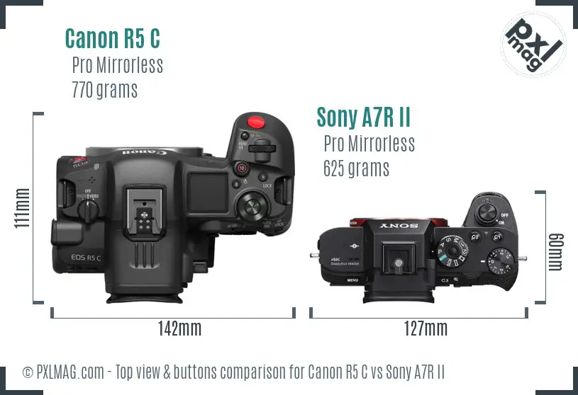Canon R5 C vs Sony A7R II top view buttons comparison