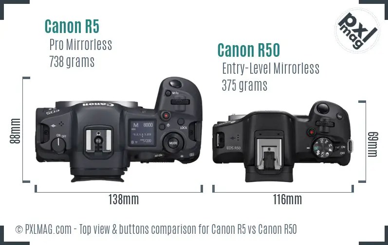 Canon R5 vs Canon R50 top view buttons comparison