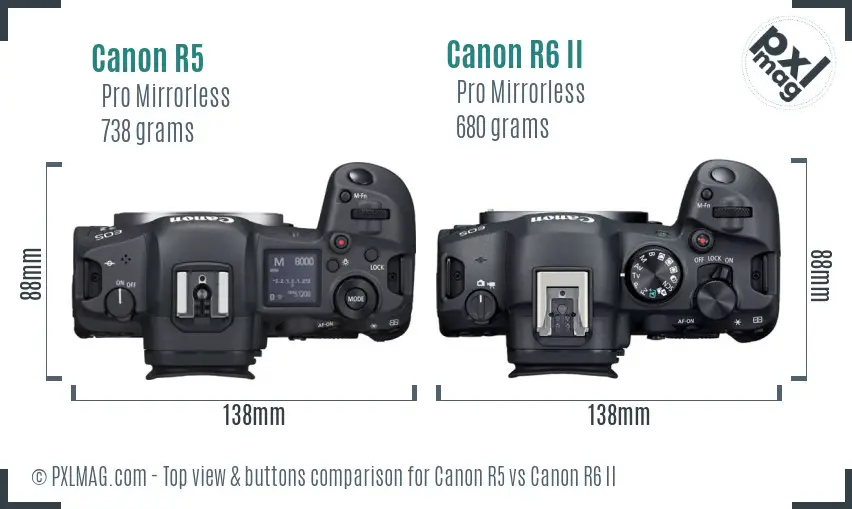 Canon R5 vs Canon R6 II top view buttons comparison