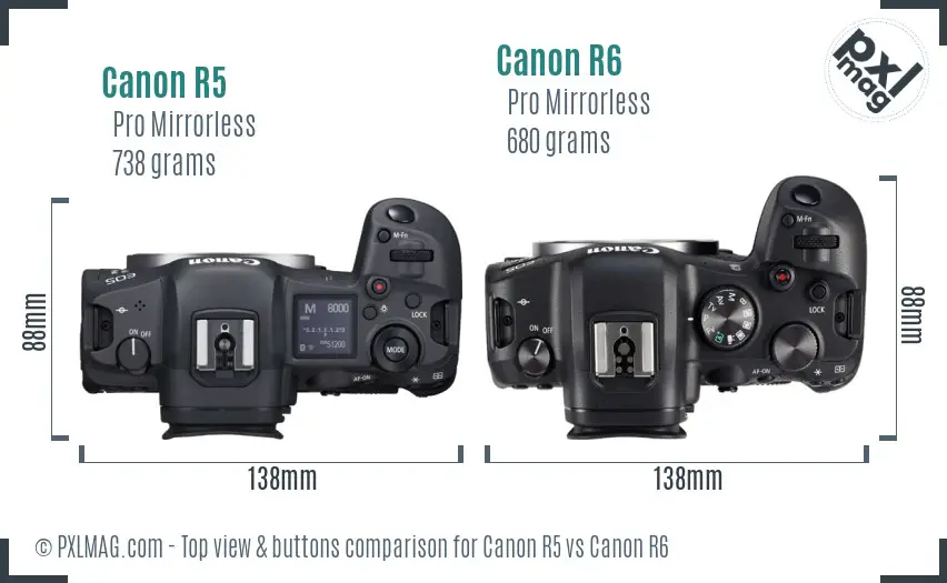 Canon R5 vs Canon R6 top view buttons comparison
