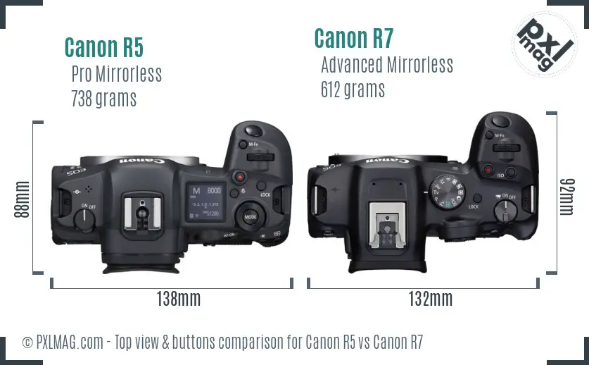 Canon R5 vs Canon R7 top view buttons comparison