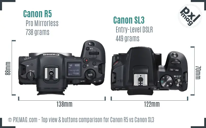Canon R5 vs Canon SL3 top view buttons comparison