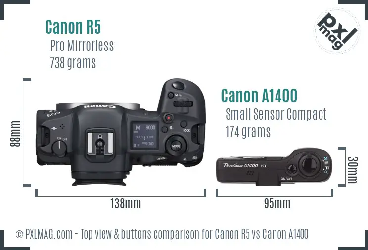 Canon R5 vs Canon A1400 top view buttons comparison