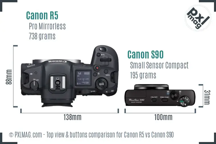 Canon R5 vs Canon S90 top view buttons comparison