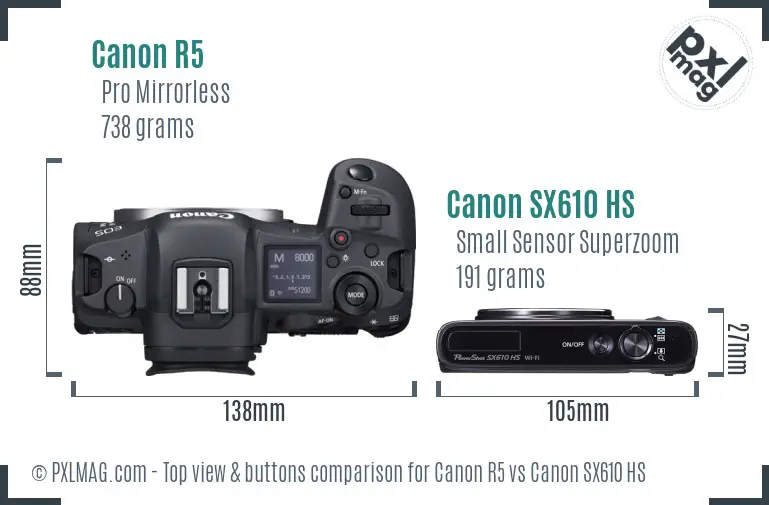 Canon R5 vs Canon SX610 HS top view buttons comparison