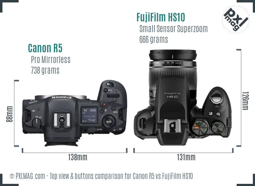 Canon R5 vs FujiFilm HS10 top view buttons comparison