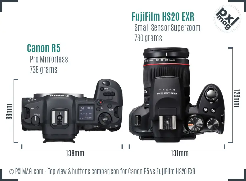 Canon R5 vs FujiFilm HS20 EXR top view buttons comparison