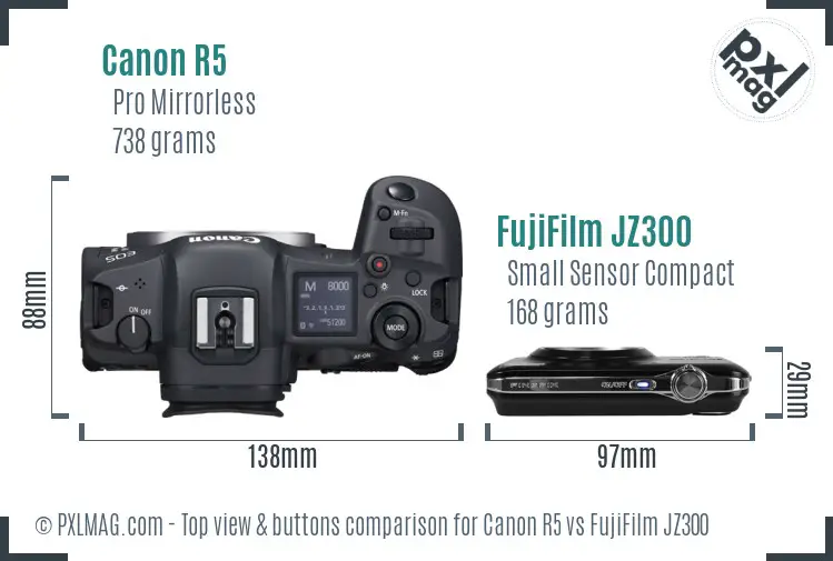 Canon R5 vs FujiFilm JZ300 top view buttons comparison